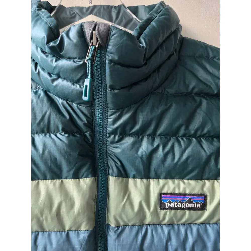Patagonia Womens XL Down Puffer $179 Dark Borealis Green Striped Vest Retro